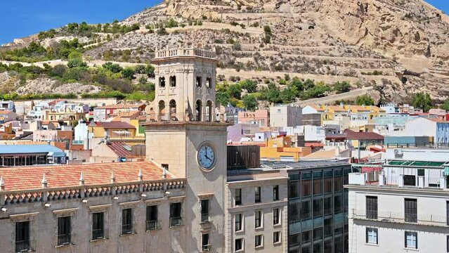 View of Alicante City Hall and Santa Barbara Castle on Mountain Benacantil in Alicante, Spain