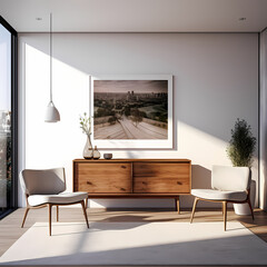 luxury and modern living room mock-up with two designer chairs and a vintage cabinet