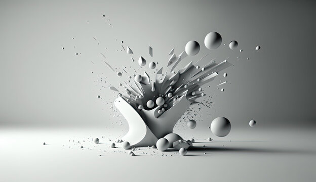 Abstraktes Bild wei&szlig; in wei&szlig; mit Schatten. Explosive abstrakte Elemente mit Kugeln und Splittern.