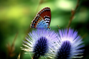 An extreme close-up of a delicate butterfly perched on a flower, showcasing the intricate patterns and vibrant colors of its wings