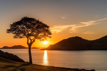 Fototapeta na wymiar A breathtaking sunset over a serene coastal landscape, with gentle waves lapping against the shore, vibrant hues illuminating the sky, and a solitary tree silhouetted against the horizon