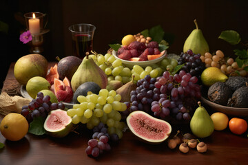 A meticulously arranged composition of colorful fruits and vegetables on a rustic wooden table, bathed in soft natural light, showcasing the vibrant textures and inviting freshness of organic produce