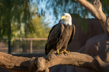 A close-up photograph of a majestic eagle perched on a tree branch, its piercing eyes and intricate feathers in sharp focus, symbolizing freedom, power, and the untamed beauty of the animal kingdom