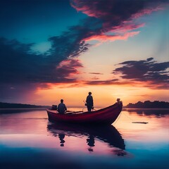 Silhouette of a persons in a boat. Illustration