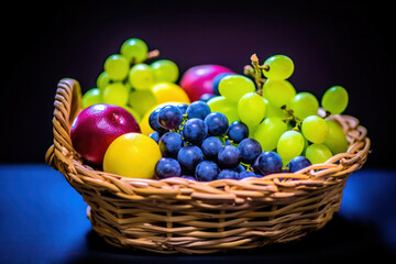 A captivating composition of colorful fruits arranged in a rustic basket, showcasing the abundance and freshness of nature's harvest
