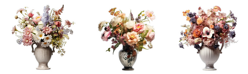 Collection of colorful flower bouquets in a vase isolated on a transparent background, generative ai - obrazy, fototapety, plakaty
