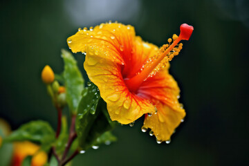 A vibrant close-up of a blooming flower with dewdrops on its petals, showcasing the delicate beauty and freshness of nature's creations