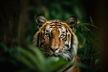 An intimate close-up of a magnificent tiger, showcasing its fierce gaze and majestic presence in the wild