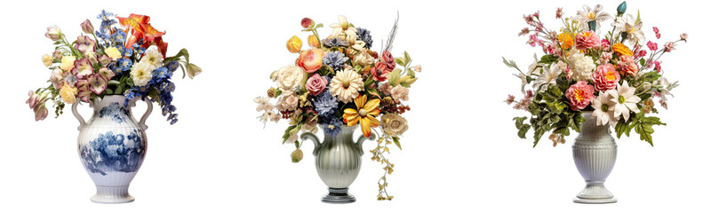 Collection of colorful flower bouquets in a vase isolated on a transparent background, generative ai