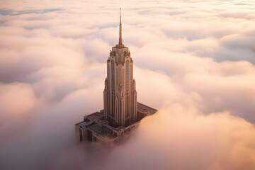 A magnificent shot of an iconic modern skyscraper piercing through the clouds, symbolizing the power and grandeur of urban architecture