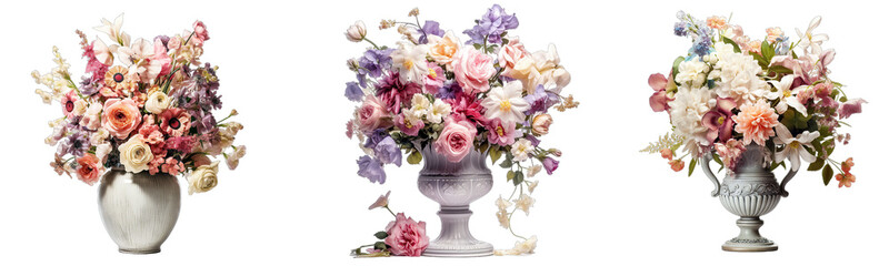 Collection of colorful flower bouquets in a vase isolated on a transparent background, generative ai