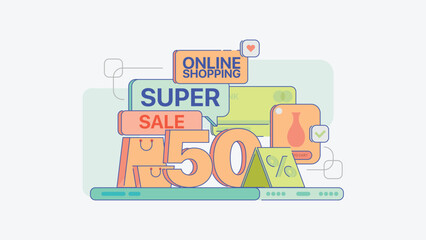 50 % Sale, super sale, sold, sale, 50, pastel illustration, shop illustration, shopping, online shopping, new shop, dropshopping, online store, online shop, website, pastel vector illustration, clean