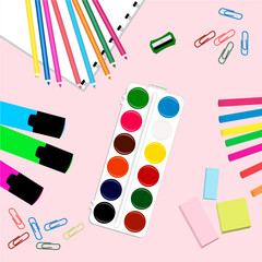 Collage of paints and pencils