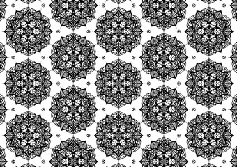 Pattern Floral and Geometric Elements. Seamless Floral Ethnic Pattern. Arabic Indian Motifs Abstract Floral Ornament Thin Line. Vector Wallpaper Background Fabric Paper  Black and White Graphic Design