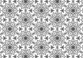Pattern Floral and Geometric Elements. Seamless Floral Ethnic Pattern. Arabic Indian Motifs Abstract Floral Ornament Thin Line. Vector Wallpaper Background Fabric Paper  Black and White Graphic Design