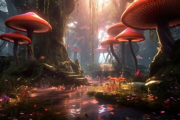 Magical mashroom in fantasy enchanted fairy tale forest with lots of brighness and lighting. Generative ai