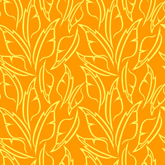 yellow graphic drawing of stylized feathers on an orange background, texture, design