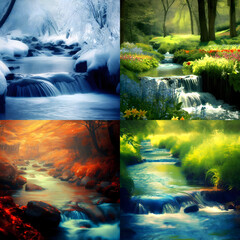 Four seasons of a brook in a forest with small waterfalls, quadtych (four panels) digital art illustration