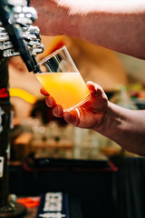 man bartender hand at beer tap pouring beer in glass in bar or pub