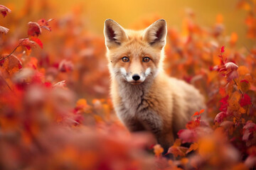 Naklejka na ściany i meble Red fox cub in autumn forest