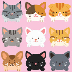 Obraz na płótnie Canvas Flat colored adorable and simple cat heads with front paws set