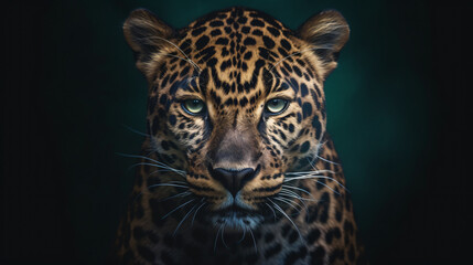 Fototapeta na wymiar Animal Power - Creative and wonderful portrait of a male jaguar against dark background in detail true to the original and photo like