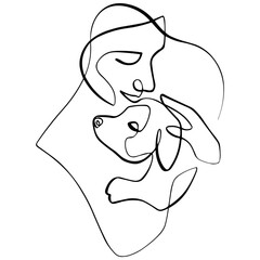 Girl with a dog in her arms - vector illustration (sketch), one-line silhouette without background (clipart). The emotion of love between people and animals