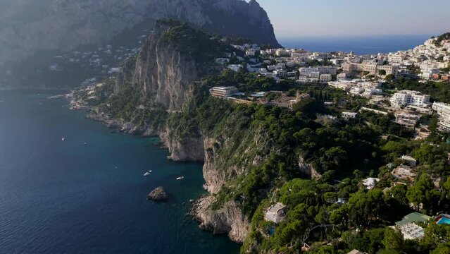 Aerial video view of Capri island & ocean in Italy