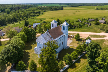 aerial view on neo gothic or baroque temple or catholic church in countryside