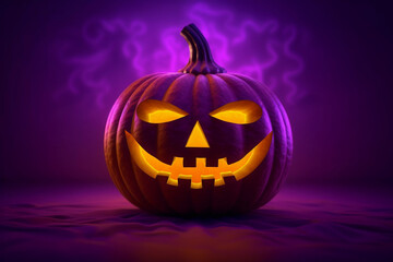 Naklejka premium A pumpkin head with scary smile on a purple background. Jack-o-lantern with illuminated Halloween background.