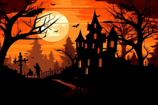 Scary halloween background with a black castle silhouette and bats. Orange and black background. Spooky night scene horizontal banner.