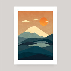 Abstract mountain landscape poster. Contemporary nature sun print design, minimalist boho wall decor. Vector illustration