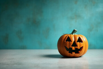 A pumpkin head with cute smile on a textured turquoise background. Jack-o-lantern Halloween background.