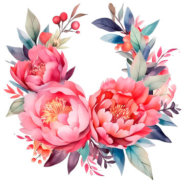 Watercolor peony flower wreath on white background. Summer florall pink botanical painting.