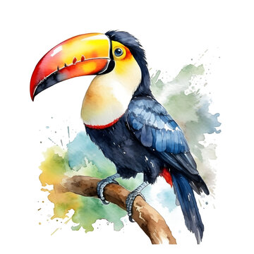cute howler toucan in watercolor design against transparent background