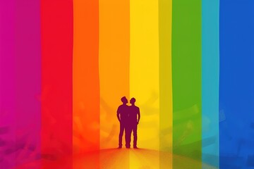  lgbt pride poster concept, two gay silhouette man on rainbow background, multicoloured, generative AI