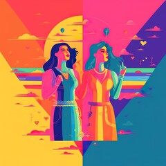  lgbt pride poster concept, two female on gay symbol background, multicoloured, generative AI