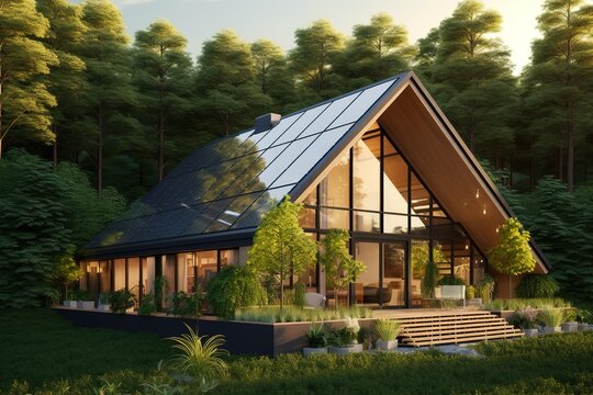 green house with solar panels on roof, alternative energy technologies on residential home building, generative AI