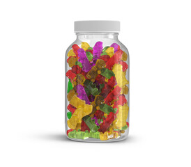 Clear Plastic Supplement Multivitamin Bottles With Gummy Bears 3D Rendering