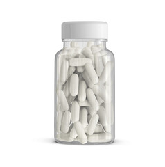Clear Plastic Supplement Multivitamin Bottles With Capsules 3D Rendering