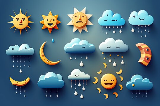 Weather icons with sun, clouds, rain, moon and sun