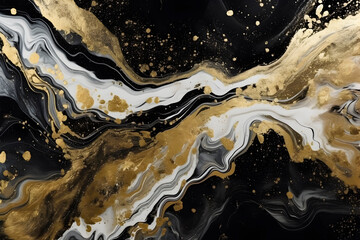 Gold and black mixed media painting with gold and blue liquid, in the style of fluid and flowing lines, dark turquoise and dark white, detailed background elements, infinity nets wallpaper