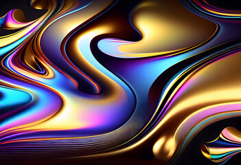 Abstract background Iridescent chrome wavy gradient cloth fabric. Holographic curved wave in motion, ultraviolet holographic foil texture,.liquid surface, ripples, metallic reflection background 