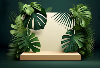 Natural beauty podium backdrop for product display with dreamy sky background. Close up of round empty oak table with sunlight with tropical leaves plants. Organic beauty, Natural concept. Mock up
