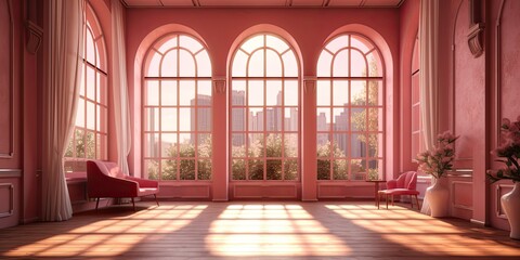 Obraz premium A charming room with a window and a door set in a soft pink wall, inviting in natural light and adding a touch of elegance
