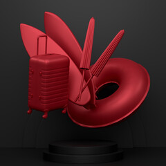 Luggage with beach accessories on podium on monochrome background.