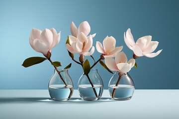 Magnolia Flowers Arranged on Clear Glass on light blue background