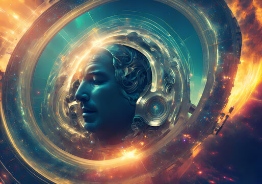 fractal background with space human brain, soul spirit, zen, relax, thinking man, meditation human cyber woman with eyes, zen time, ASMR state, brain, neural network, machine learning,mind flow, deep 