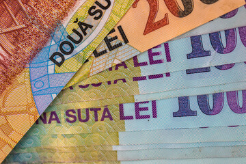 Detail photo of Romanian money, macro shot of Romanian LEI, close up photo of money. Business, money concept