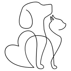 Cat and dog - vector illustration (sketch), one-line silhouette without background (clipart).